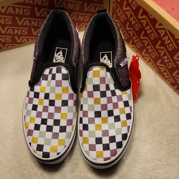 Vans Other - NEW Vans Asher Glitter Checkerboard Slip-On Low Top Sneakers Missy Girls Size 4